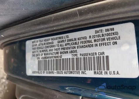 1999 Subaru Legacy 30Th Ann. Outback Ltd./Outback из США, поврежденный, VIN 4S3BG6859X7609242